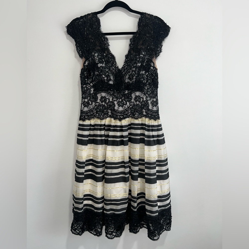 Marchesa Notte Cap-Sleeve Lace-Top Striped Cocktail Dress